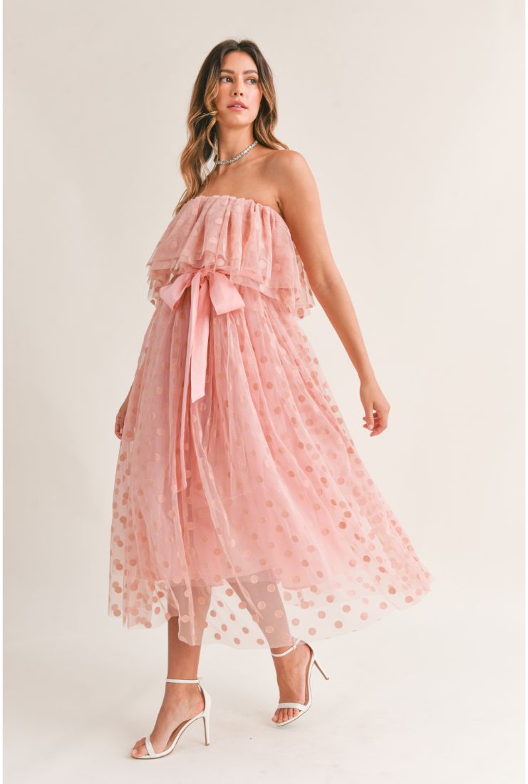 Women s Jessa Polka Dot Tulle Ruffle Midi Dress in Size Medium Pink Pippa Pearl