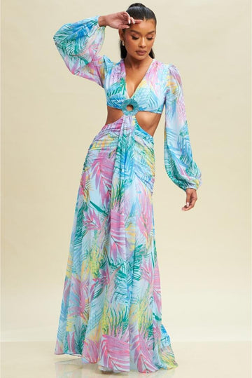 Jia Aqua & Lilac Palm Printed Cut-Out Maxi Dress