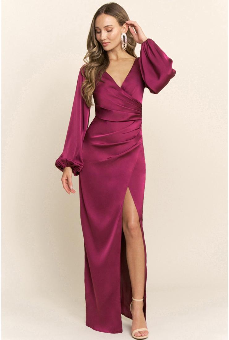 Women's Sloane Long Sleeve Satin Maxi Dress - Berry In Size Medium