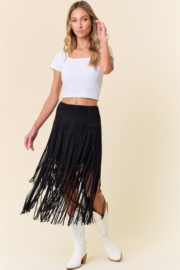 【PORTERNA】Olly fringed long skirt Bonnie Faux Suede Fringe Midi Skirt - Black – Pippa & Pearl