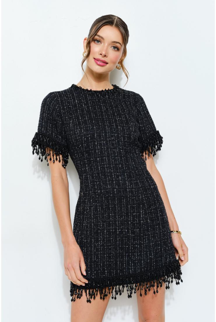 tweed black dress Black and Gold Tweed Fit and Flare Short Dress with Square Neckline main image 0