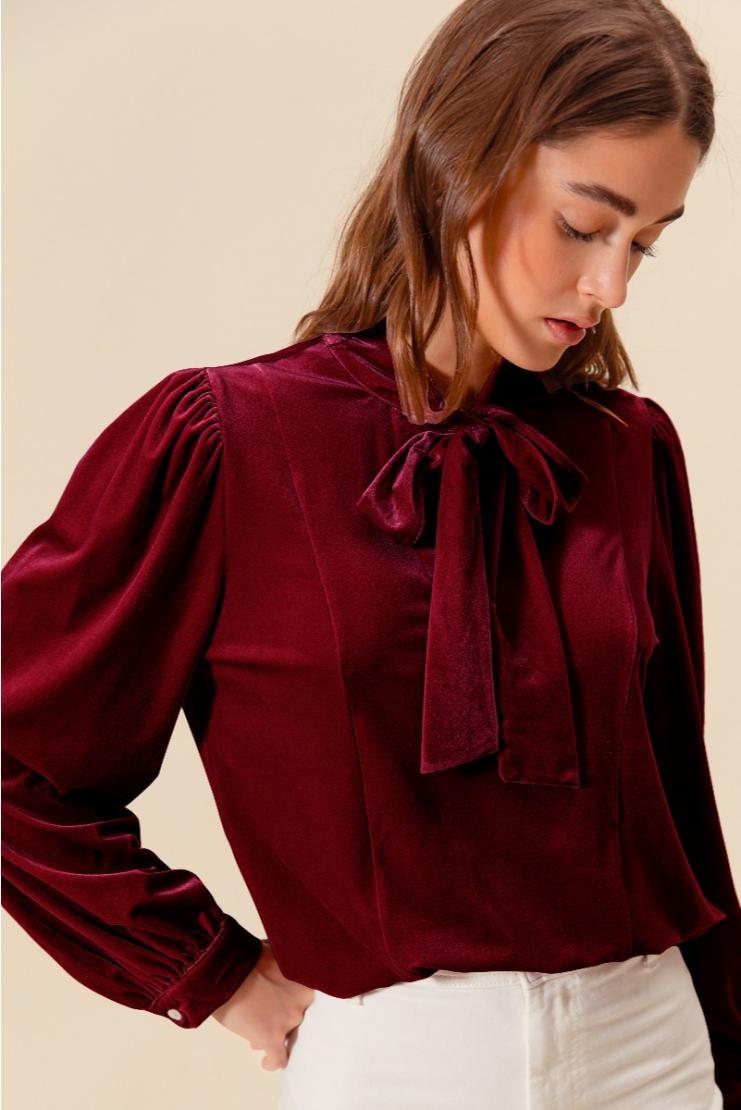 Women's Jilly Velvet Bow Tie Neck Long Sleeve Blouse - Burgundy In Size Large