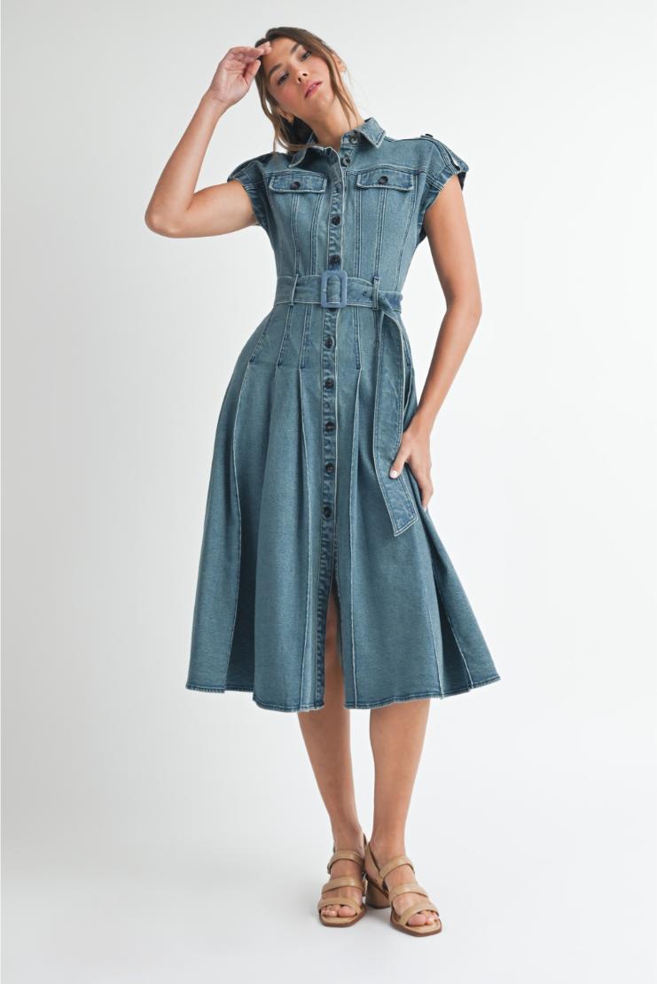 Women's Dana Button Up Belted Denim Midi Dress in Size Small - Denim / Blue - Pippa & Pearl Women's Dana Button Up Belted Denim Midi Dress in Size Small - Denim / Blue - Pippa & Pearl