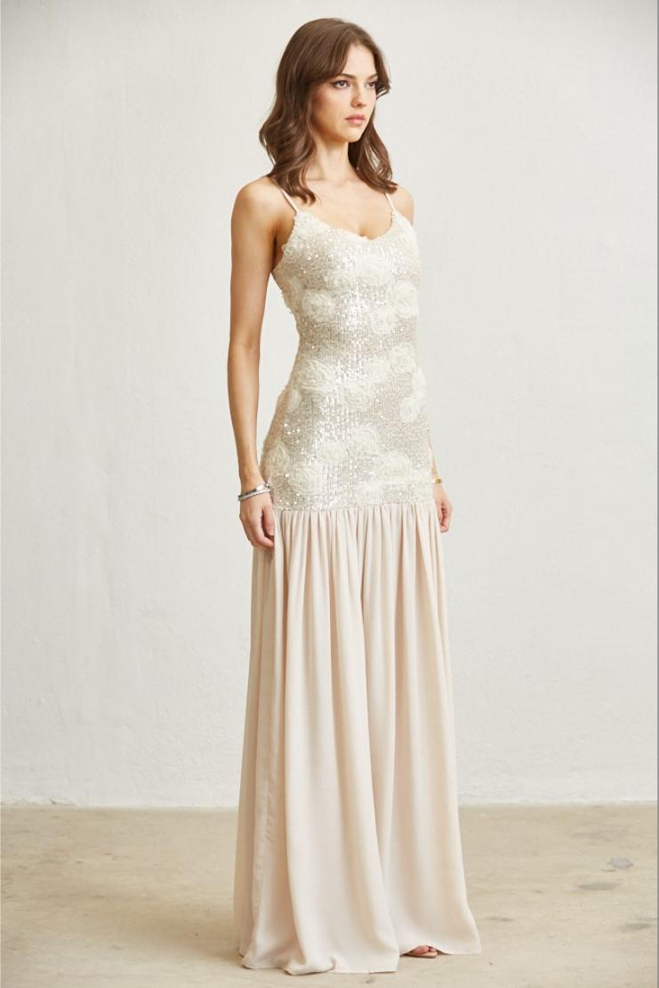 Women's Heavenly 3D Florals Sequin Chiffon Maxi Dress In Size Large - Ivory/Silver