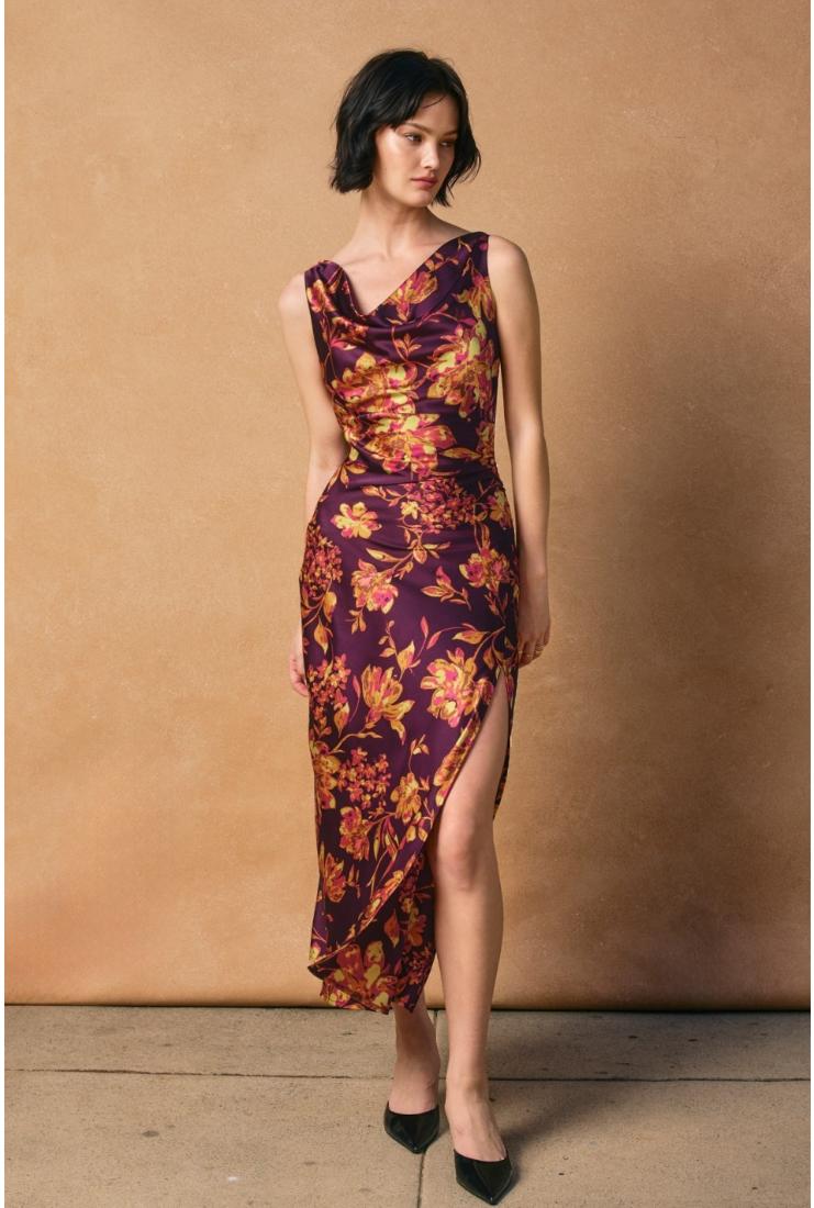 A-Line Floor Length Cowl Neck Classic Satin Dress Papaya