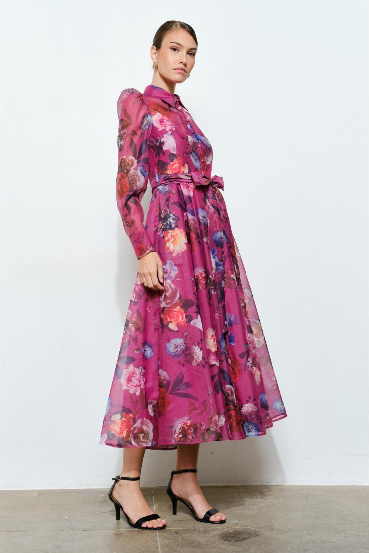 midi fuchsia organza dress Flora Floral Print Button-Up Short ruffled sleeves Colour:Burnt Peach Townlike A-line Midi square thermoregulating