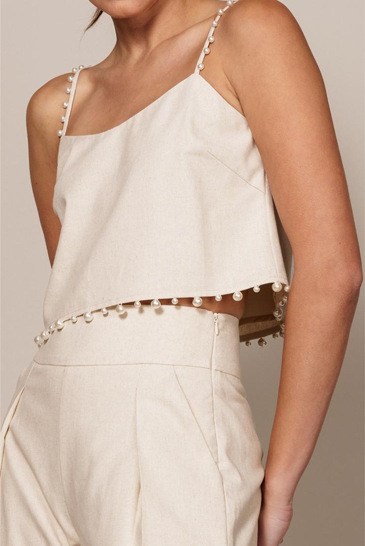 Charlie Ivory Linen Pearl Trimmed Crop Top