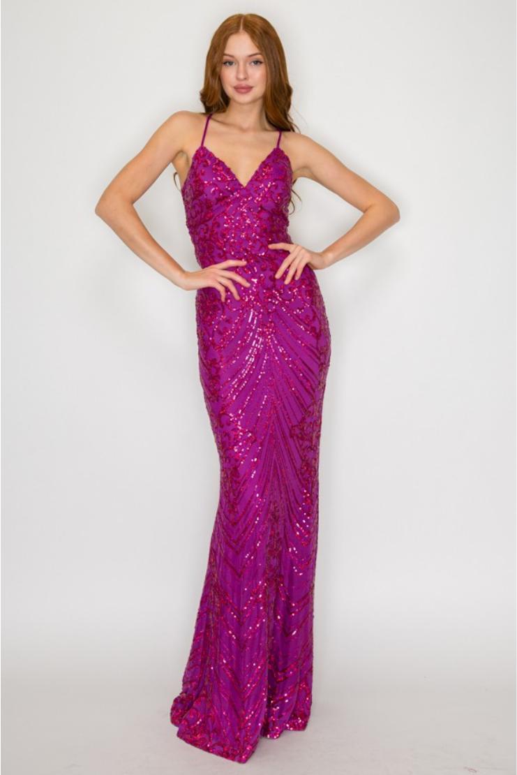 Maxine Sequin Lace Up Back Gown - Magenta Pippa & Pearl Maxine Sequin Lace Up Back Gown - Magenta Pippa & Pearl
