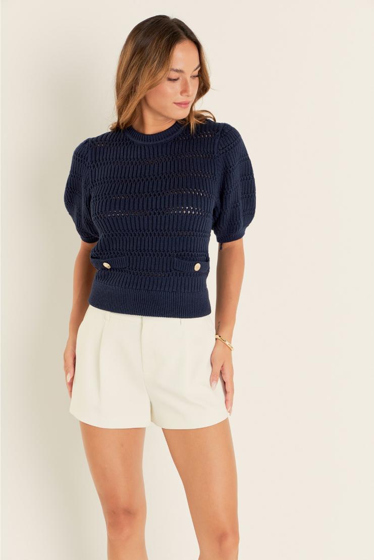 Diana Navy Knit Puff Sleeve Sweater Top