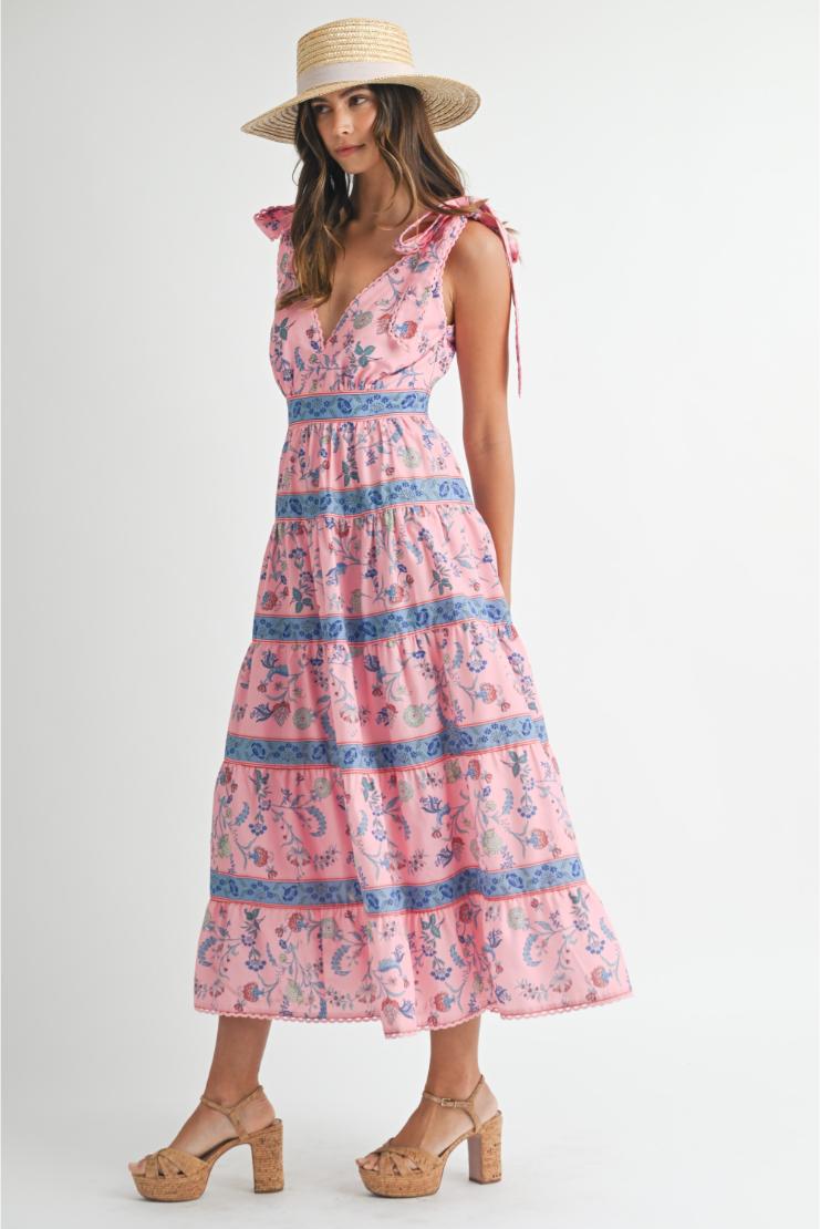Women's Hannah Floral Print Tiered Midi Maxi Dress In Size Large - Pink/Blue Combo - Pippa & Pearl Women's Hannah Floral Print Tiered Midi Maxi Dress In Size Large - Pink/Blue Combo - Pippa & Pearl