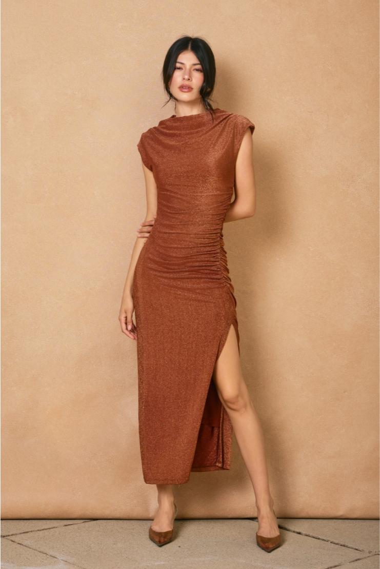 rust bodycon midi dress Riley Metallic Draped Bodycon Midi Dress