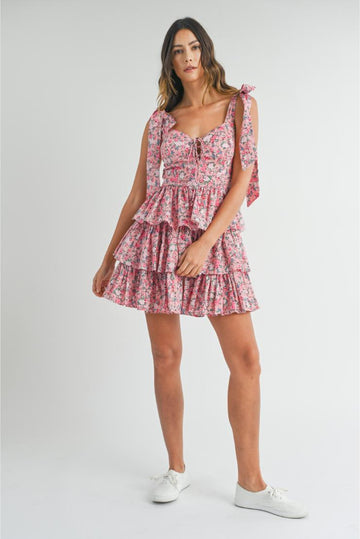 (Pre-Order Only! May '24) Emma Shabby Chic Floral Tiered Mini Dress - Pink