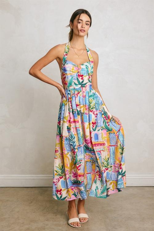 summer print dress Women's Vittoria Summer Print Halter Midi Dress In Size Medium - Summer Dreams