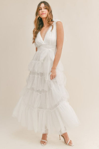 Women's Carmella White Tiered Tulle Maxi Dress in Size Small - Pippa & Pearl