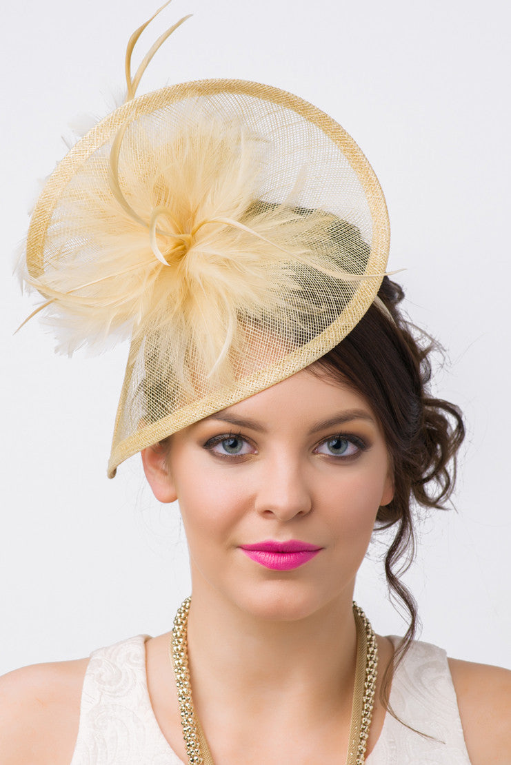 Champagne Feather Fascinator Headband - 2025 Elegant Victoria 9292 Champagne Gold & Emerald Green Feather Fascinator, Sparkley  main image 2