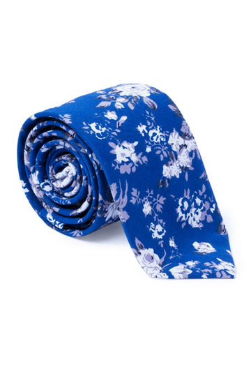 Alfred Floral Print Neck Tie - Royal Blue & White