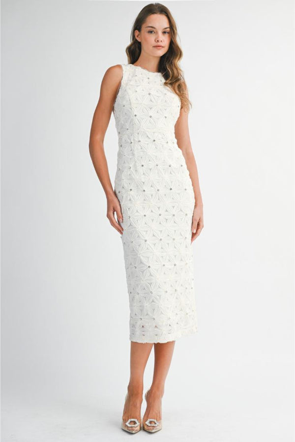 Charlize 3D Florals Rhinestone Midi Dress - White