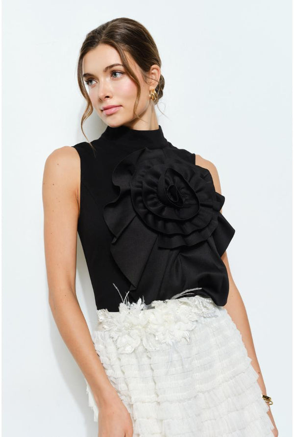 Ava 3D Floral Pleated High Neck Top - Black