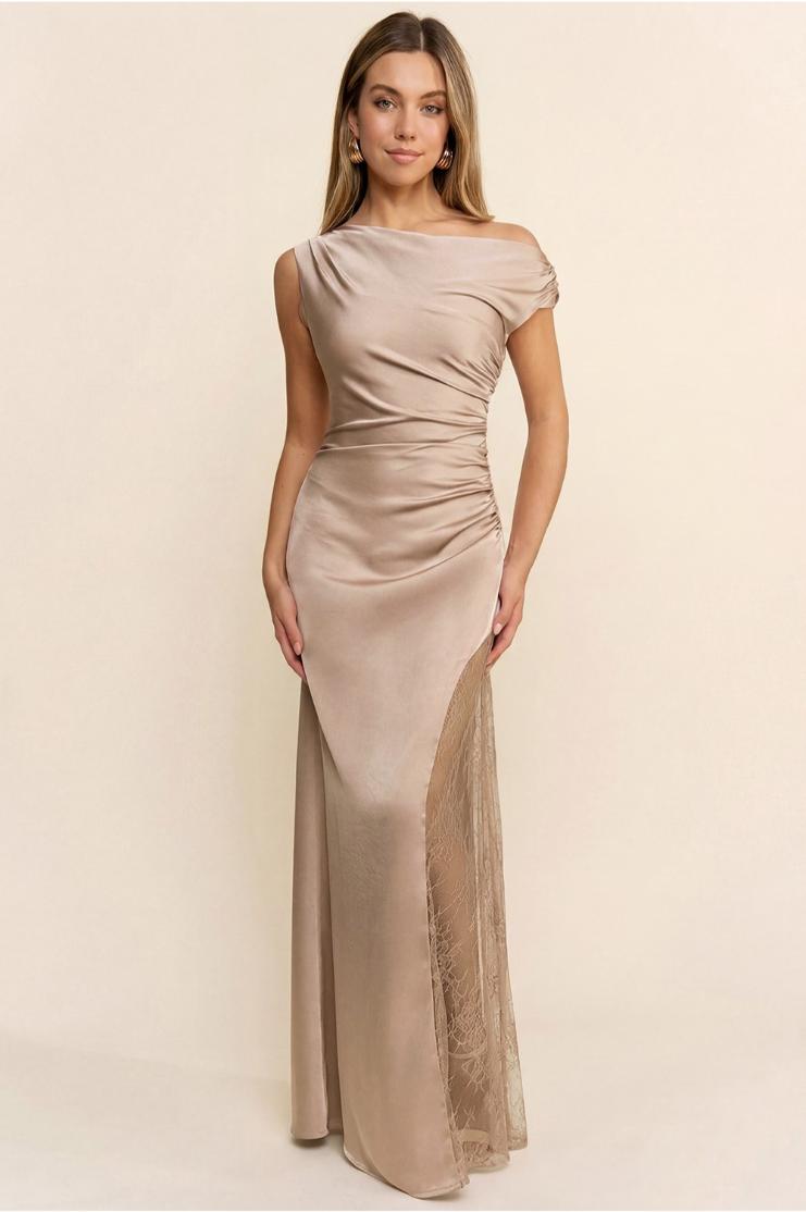 champagne maxi dress formal Zapaka Women One Shoulder Formal Dress Pleated Champagne Sheath Long Red Carpet Dress, Champagne / US8