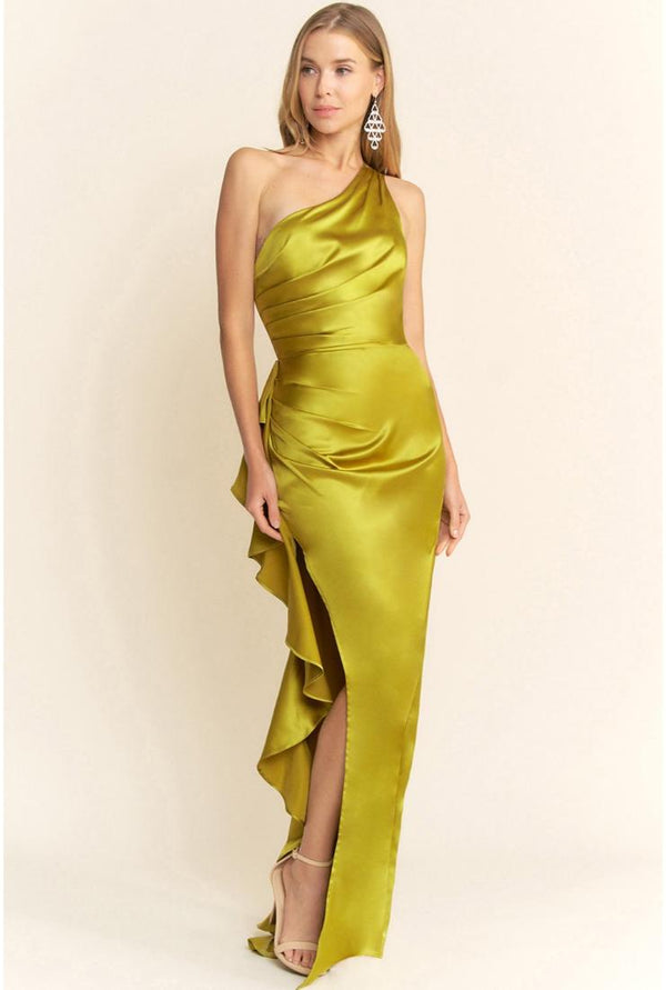 Charlene One Shoulder Satin Maxi Dress - Chartreuse