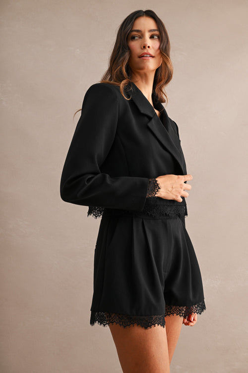 Evelyn Crop Lace Trimmed Blazer - Black