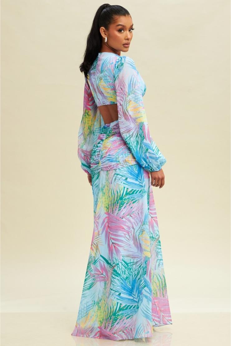Jia Printed Cut-Out Maxi Dress - Aqua & Lilac Palm
