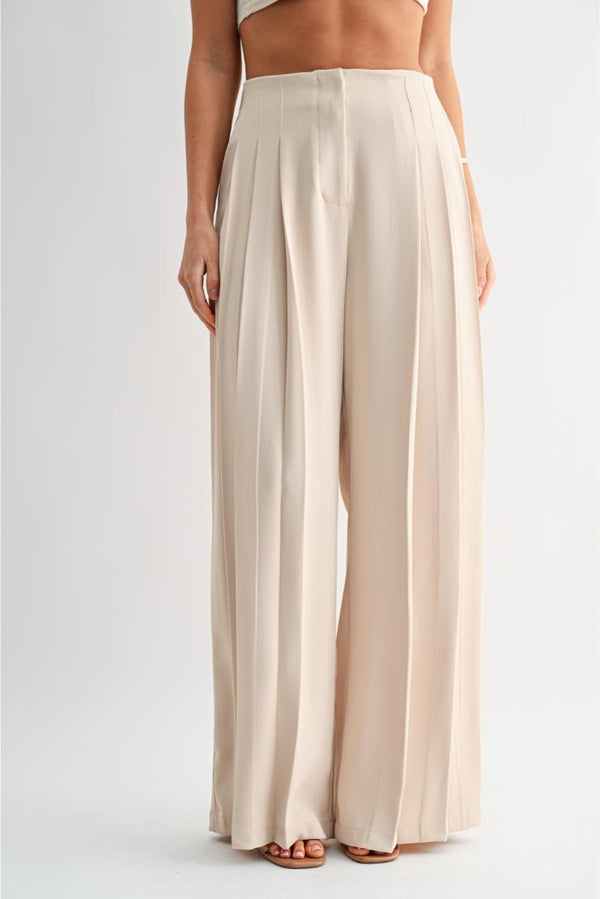 Arden Pleated Wide Leg Chiffon Trousers - Beige