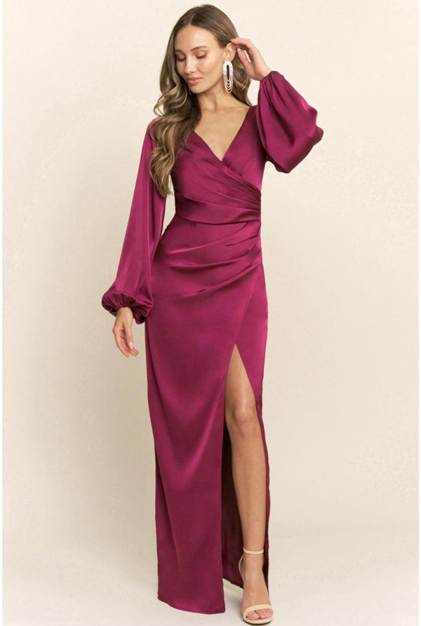 Sloane Long Sleeve Satin Maxi Dress - Berry
