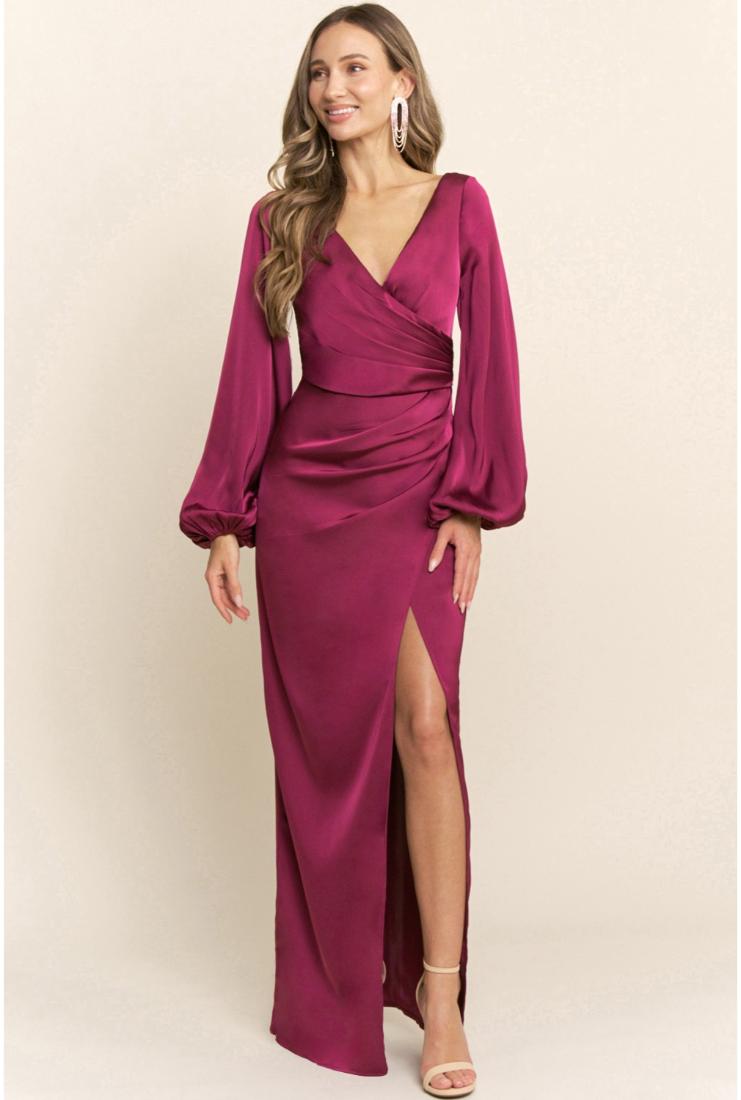 Women's Sloane Long Sleeve Satin Maxi Dress - Berry In Size Medium - Pippa & Pearl Women's Sloane Long Sleeve Satin Maxi Dress - Berry In Size Medium - Pippa & Pearl