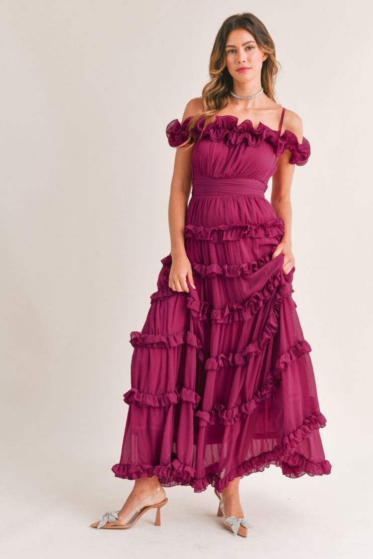 Leylani Berry Ruffle Tiered Maxi Dress