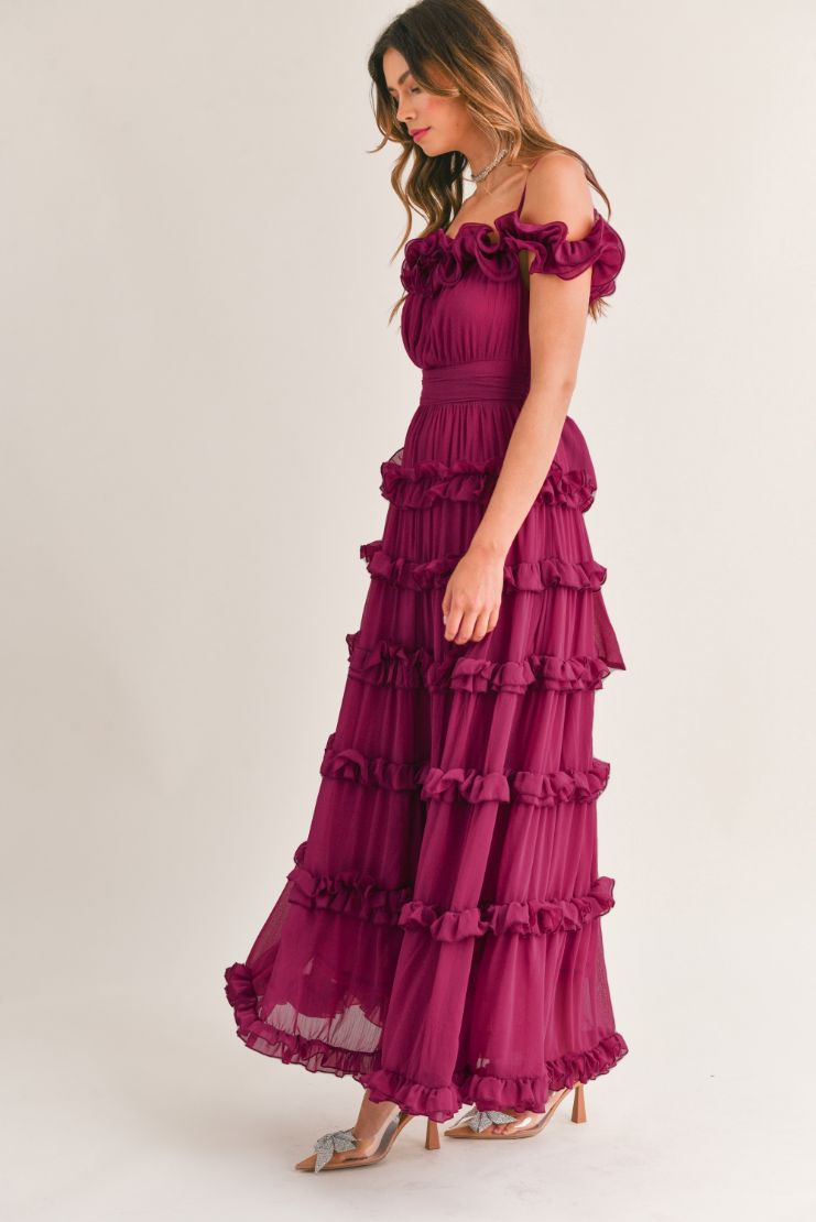 Leylani Berry Ruffle Tiered Maxi Dress