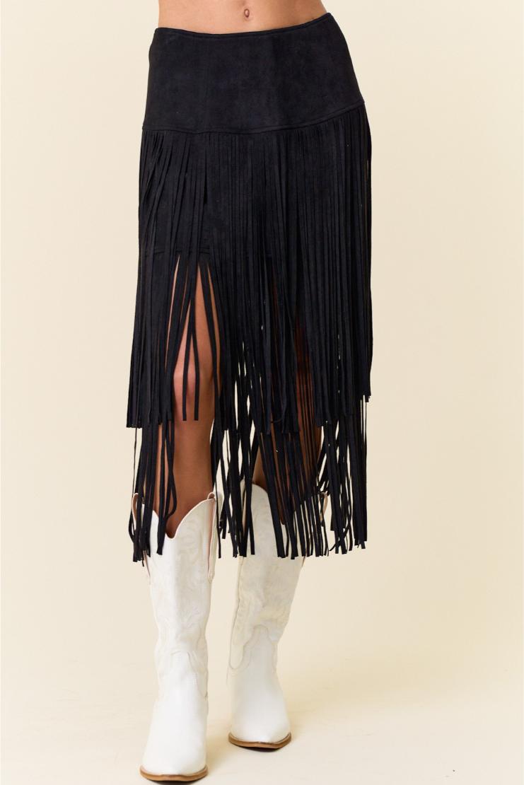 【BAON】25SS★ [BAONHAUS] Radonme Shirring Fringe Midi SK Bonnie Faux Suede Fringe Midi Skirt - Black – Pippa & Pearl