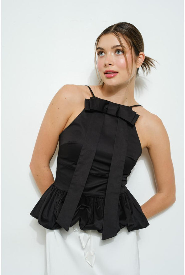 Iris Front Bow Bubble Hem Peplum Top - Black