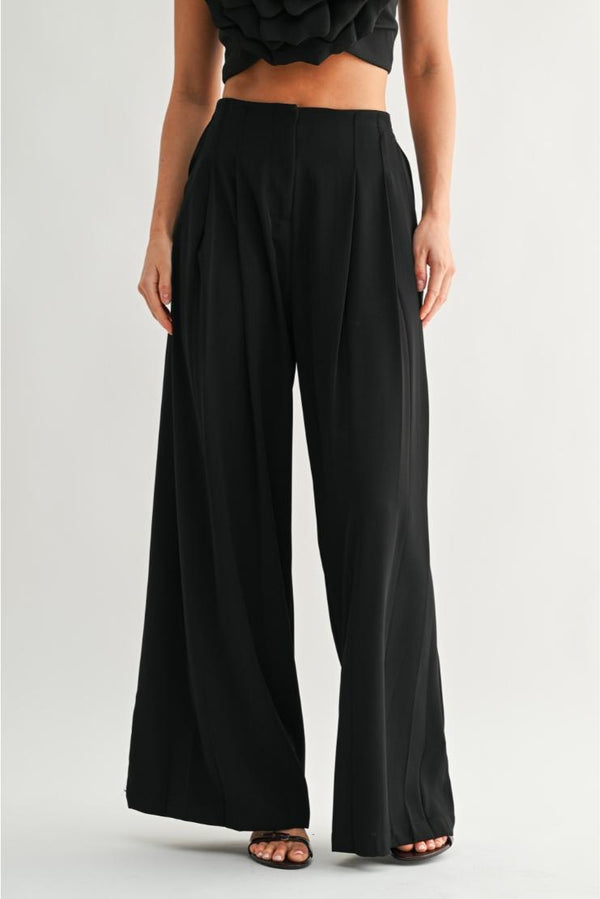 Arden Pleated Wide Leg Chiffon Trousers - Black