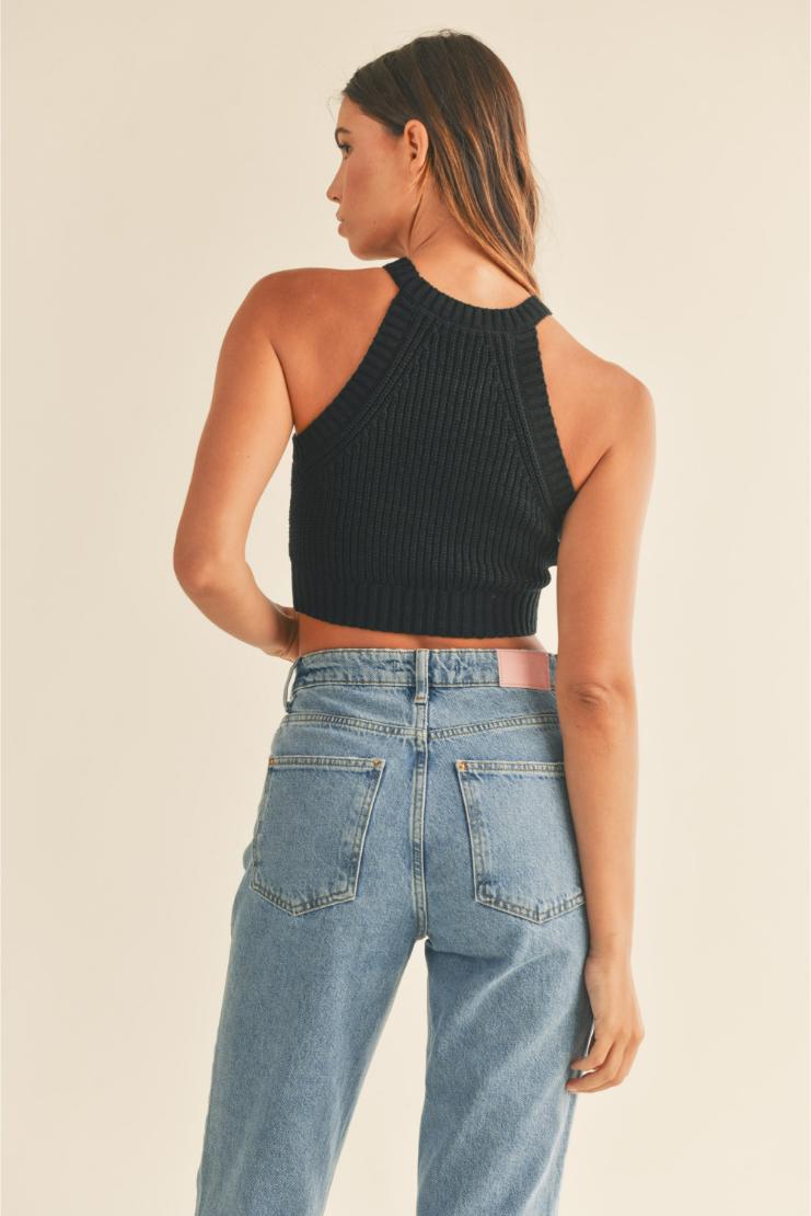 Sia Ribbed Halter Sweater Knit Crop Top - Black