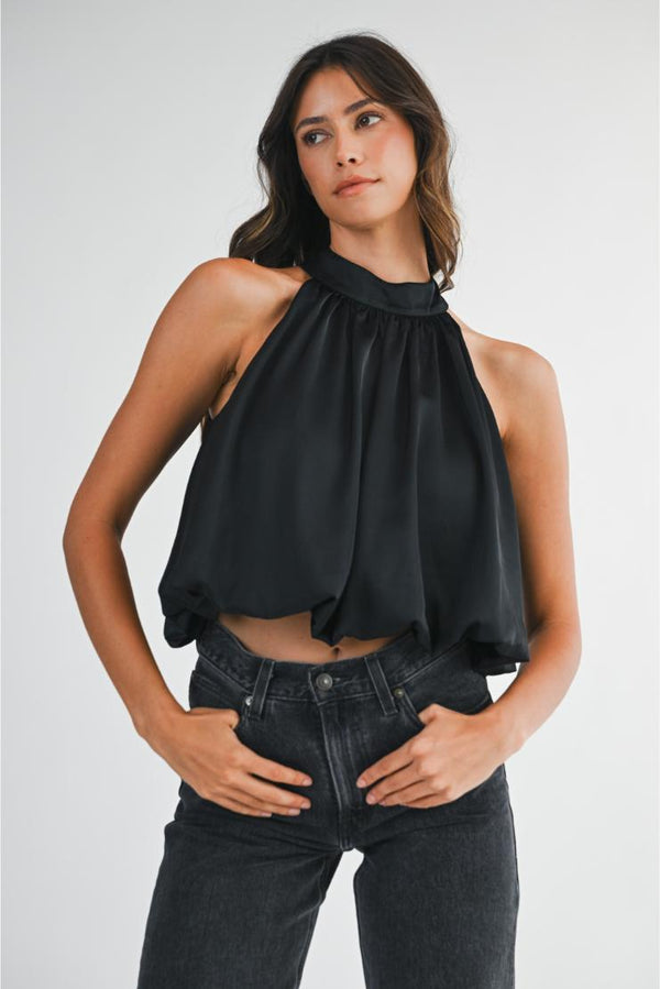 Ellis Satin Bubble Hem Crop Halter Top - Black