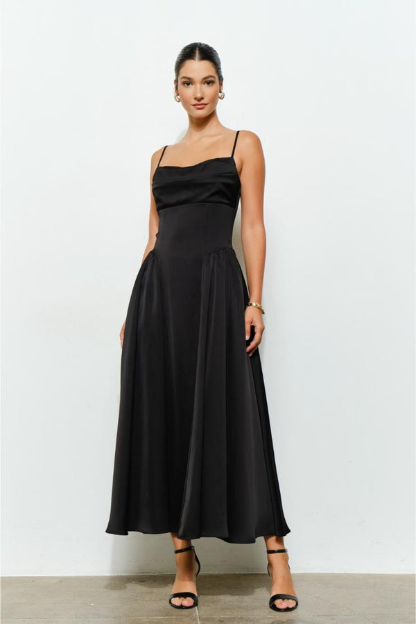 Jessie Satin A-Line Midi Dress - Black