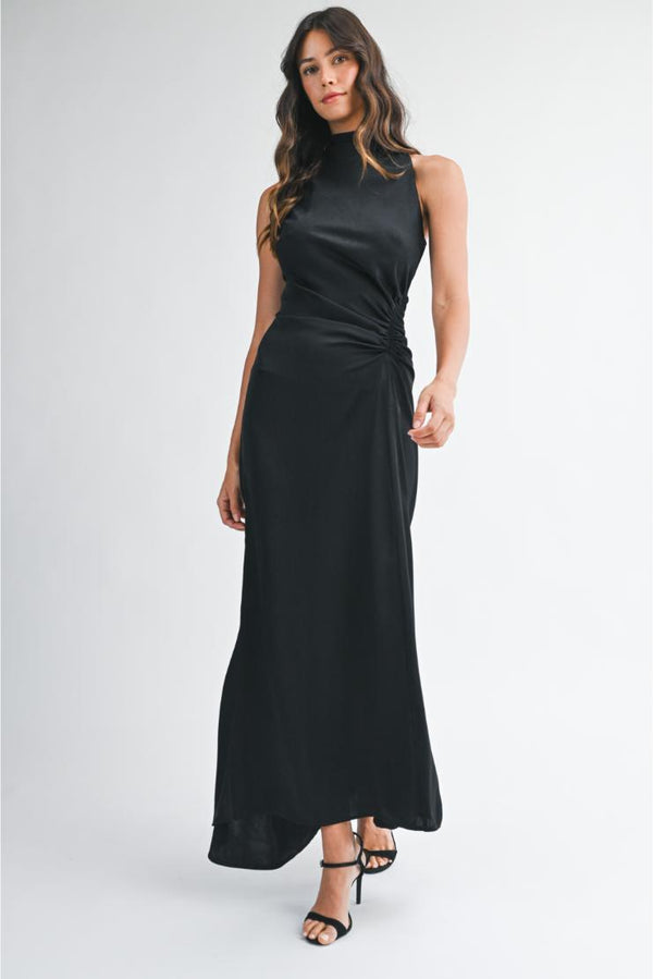 Kylee Mock Neck Side Ruched Satin Maxi - Black