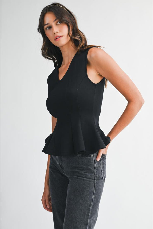 Kayla Sleeveless V-Neck Peplum Top - Black