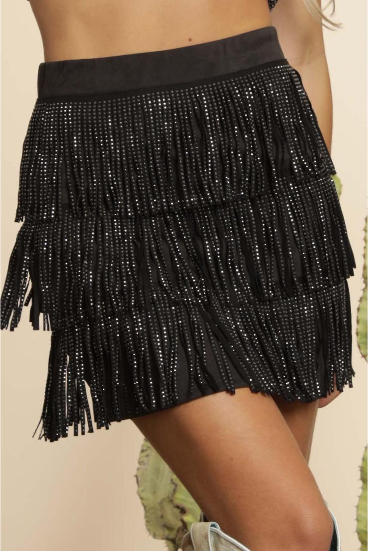 Jessa Suede Fringe Jeweled Mini Skirt