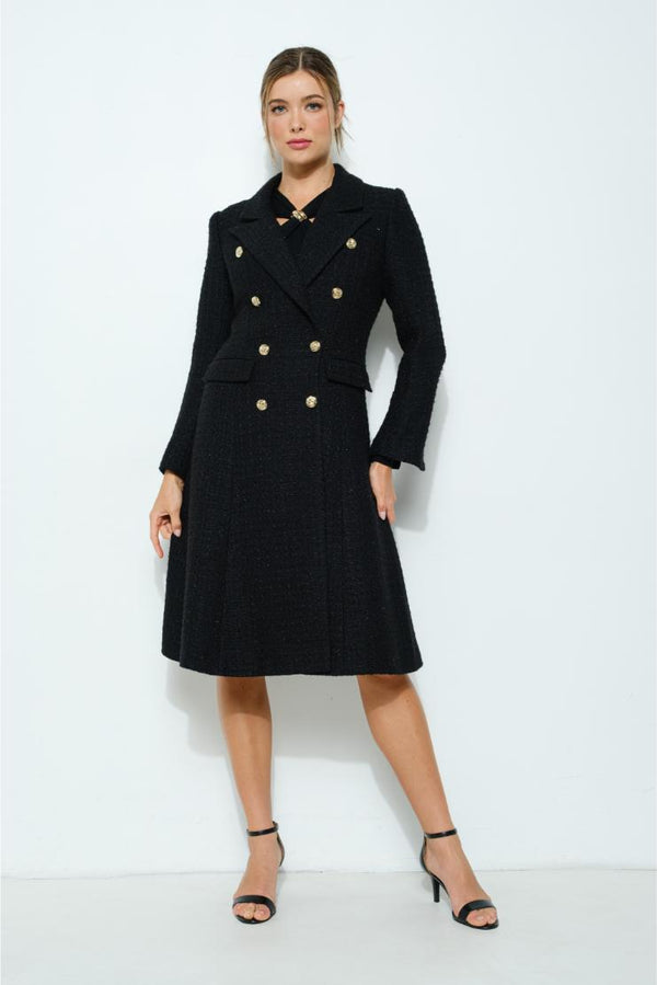 Kate Tweed Double Breasted Long Coat - Black
