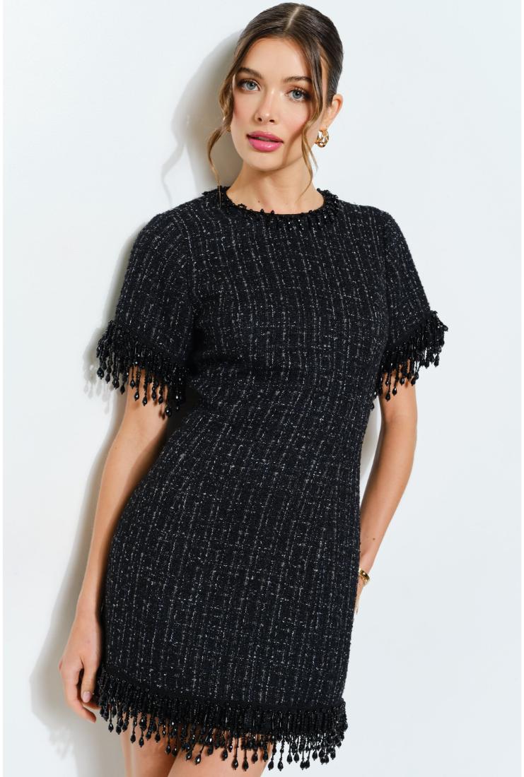 Iris Beaded Fringe Tweed Mini Dress - Black – Pippa & Pearl