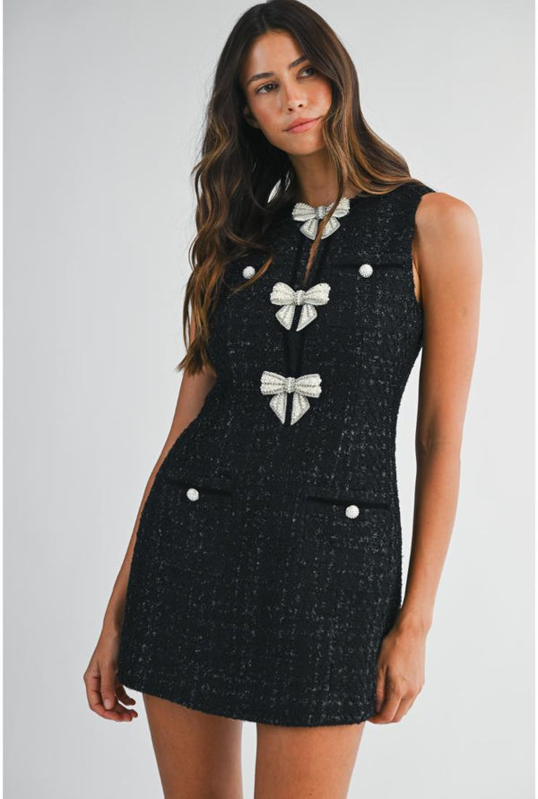 PRE-ORDER ONLY! (ETA Mid September) Peyton Pearl Bows Mini Tweed Dress - Black