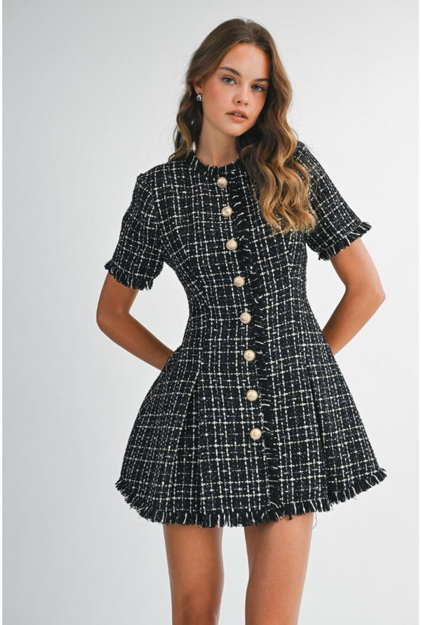 Arya Tweed Short Sleeve Fit & Flare Mini Dress