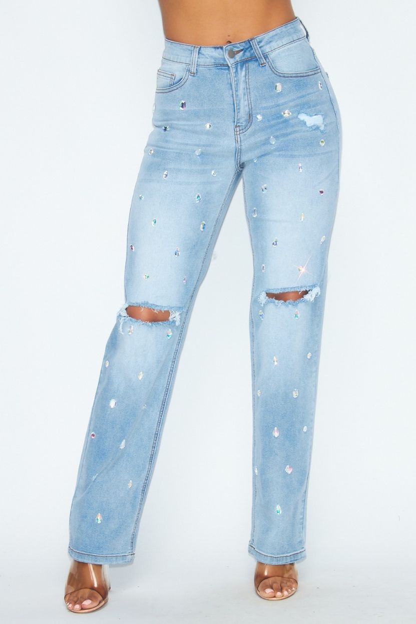 Blythe Jewel Stone Straight Leg Denim Jeans