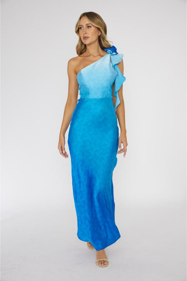 Luna Aqua Blue Ombre Satin One Shoulder Maxi - Blue
