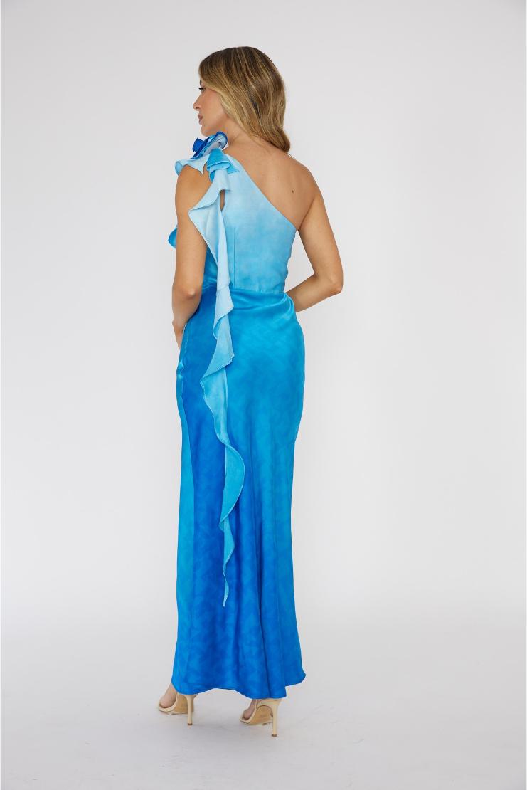 Luna Aqua Blue Ombre Satin One Shoulder Maxi - Blue Pippa & Pearl Luna Aqua Blue Ombre Satin One Shoulder Maxi - Blue Pippa & Pearl