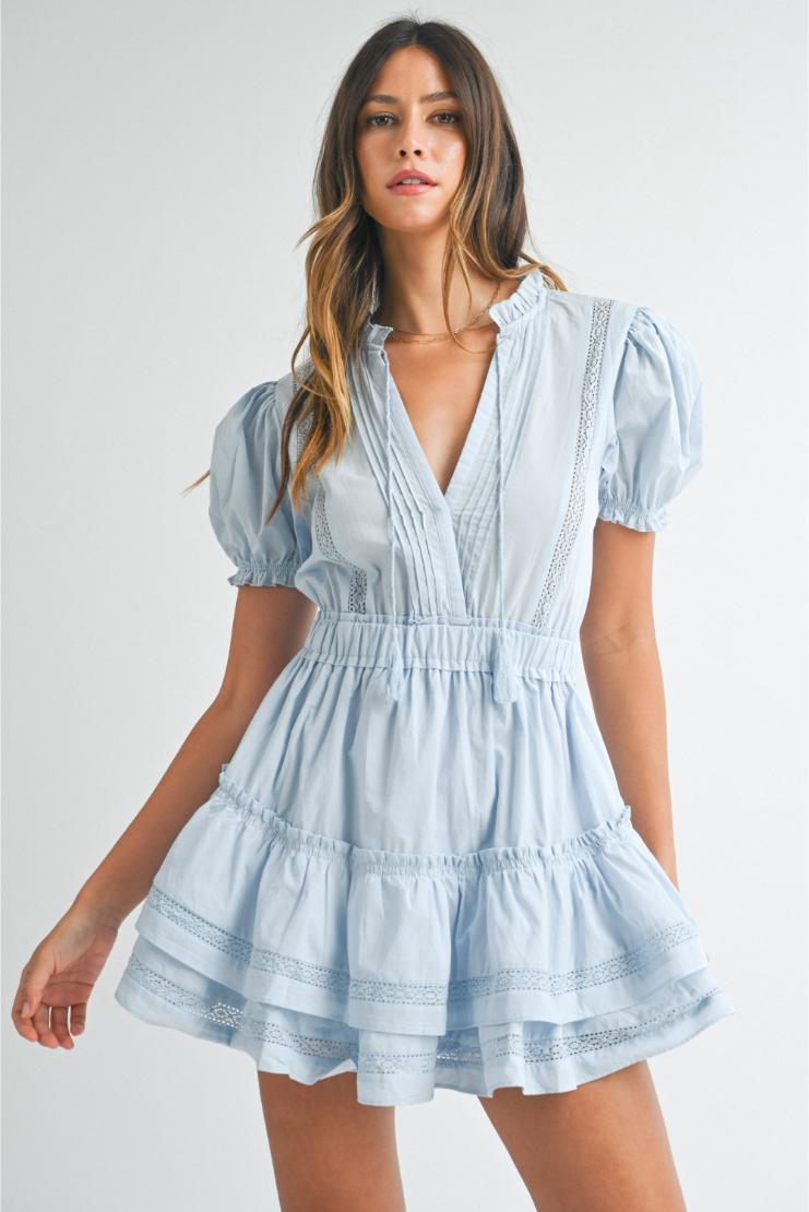 Allie Lace Detail Ruffle Tiered Mini Dress - Blue
