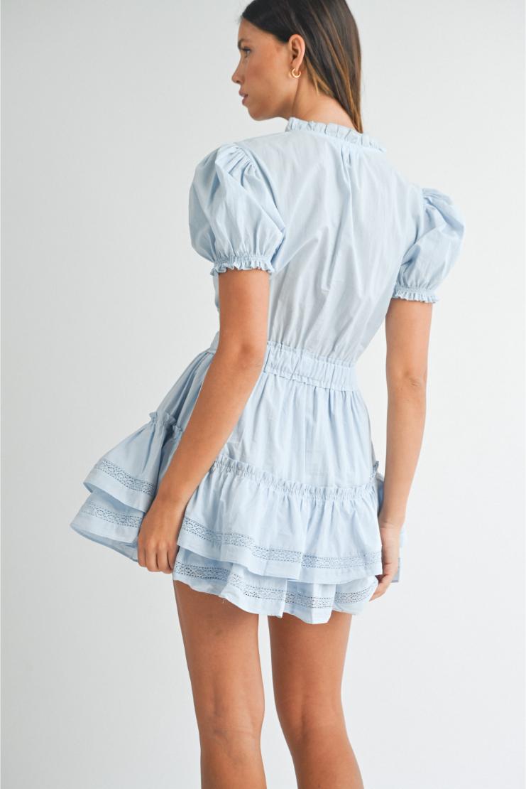 Allie Lace Detail Ruffle Tiered Mini Dress - Blue
