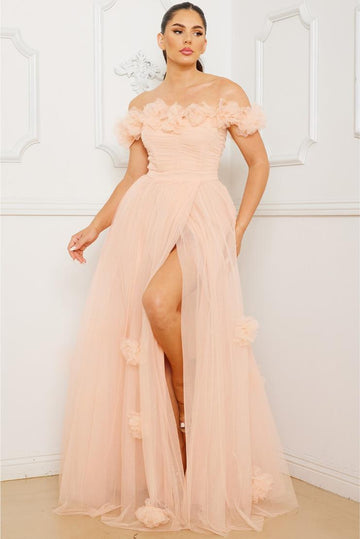 Darla Tulle Floral Gown - Nude Pink